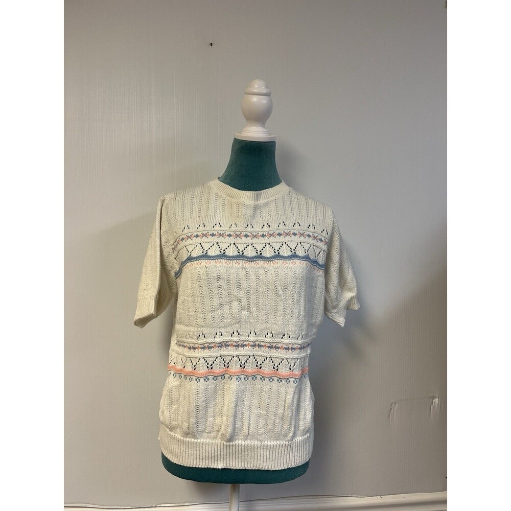 Vintage 80s Knit Sleeveless Sweater Tank • Pastel Pointelle Fair Isle Size M/L - Picture 2 of 7